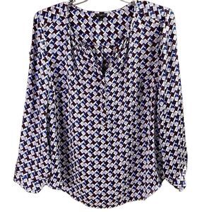 Talbots Women's Plus Size 2X V-Neck Patterned Semi Sheer Blouse White Blue